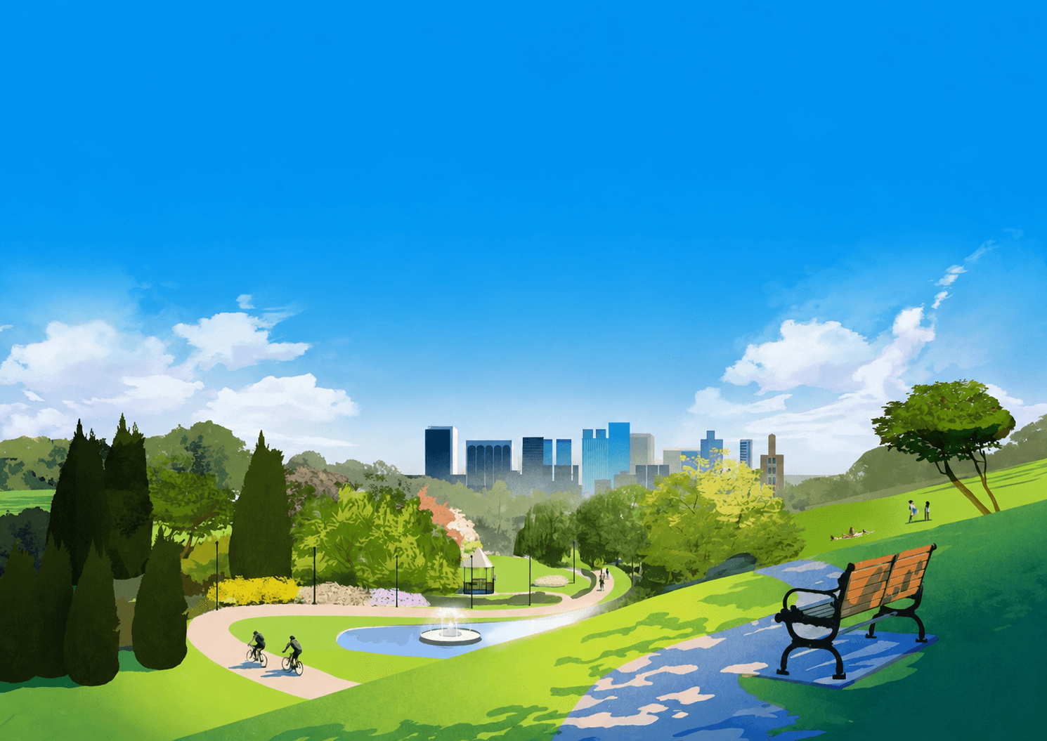 Şehir manzaralı yemyeşil park